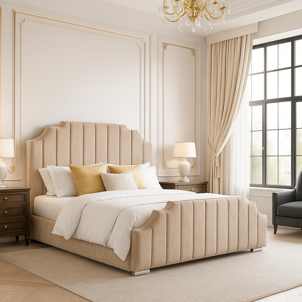 A cream coloured upholstered bed with vertical pleats on the head end and foot end with an art deco style shaping at the head and foot