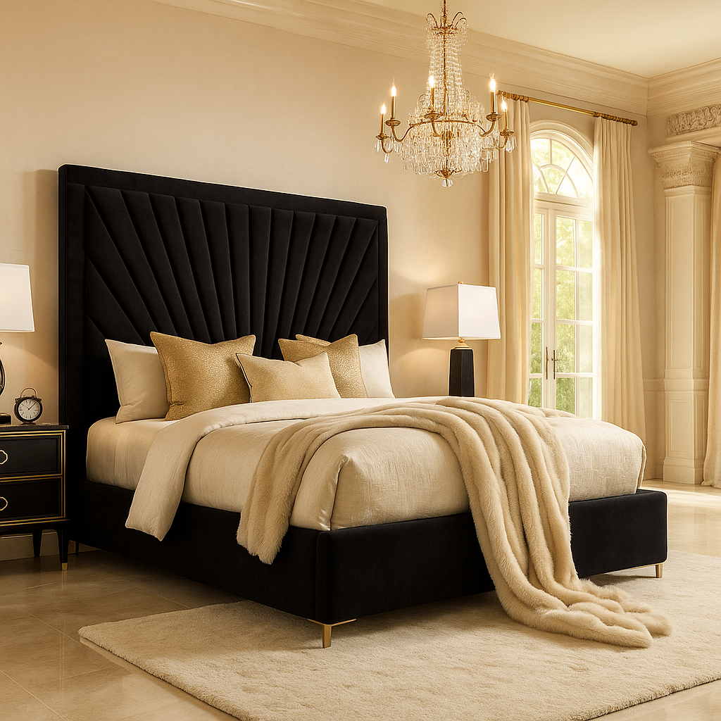 An upholstered bed with a fan pleated head end with border 