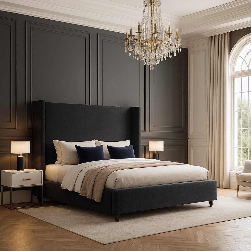 Awinged bed frame on legs in a bedroom setting
