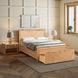 Oak Wood Bed with Drawer Storage